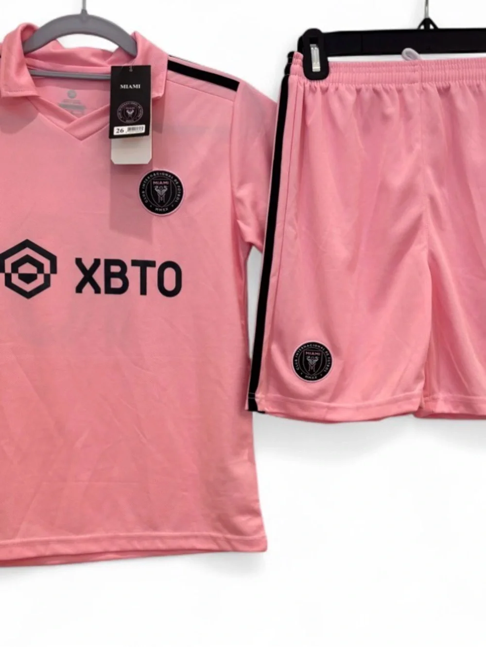 miami Pink Soccer Set Jersey & Shorts with Black Tag and Embroidered Crest